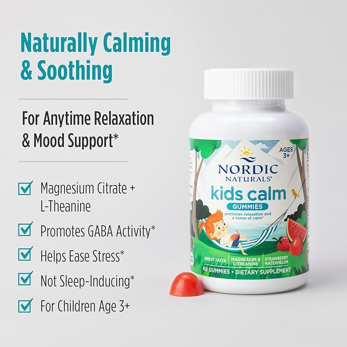 Nordic Naturals Kids Calm Gummies - Strawberry Watermelon - 60 Gummies - Magnesium L-Theanine Supplement - Calming for Kids - Relaxation Support - Up to 60 Servings