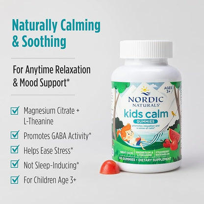 Nordic Naturals Kids Calm Gummies - Strawberry Watermelon - 60 Gummies - Magnesium L-Theanine Supplement - Calming for Kids - Relaxation Support - Up to 60 Servings
