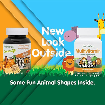 Natures Plus Animal Parade Children's Chewable Multivitamin - Orange Flavor - 90 Animal-Shaped Tablets - Promotes Health & Well-Being - Vegetarian, Gluten Free - 45 Servings