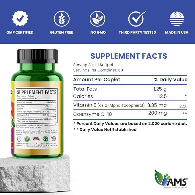 America Medic & Science Q-Well-10 (60 Count) | CoQ10 200mg Softgels | Nutritional Supplement with Coenzyme Q10 and Vitamin E | High Absorption Antioxidant for Enhanced Wellness and Heart Health