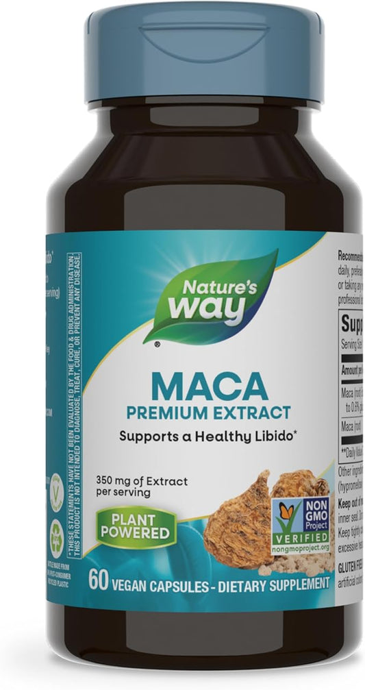 Nature's Way Maca Premium Extract, Supports a Healthy Libido*, Standardized to 0.6% Glucosinolates, Non-GMO Project Verified, 60 Vegan Capsules (Packaging May Vary)