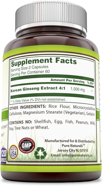 Pure Naturals Ginseng Complex - 1000mg per Serving, 120 Capsules Per Bottle - Supports Healthy Immune Function, Brain Health, Promotes Energy Performance and More