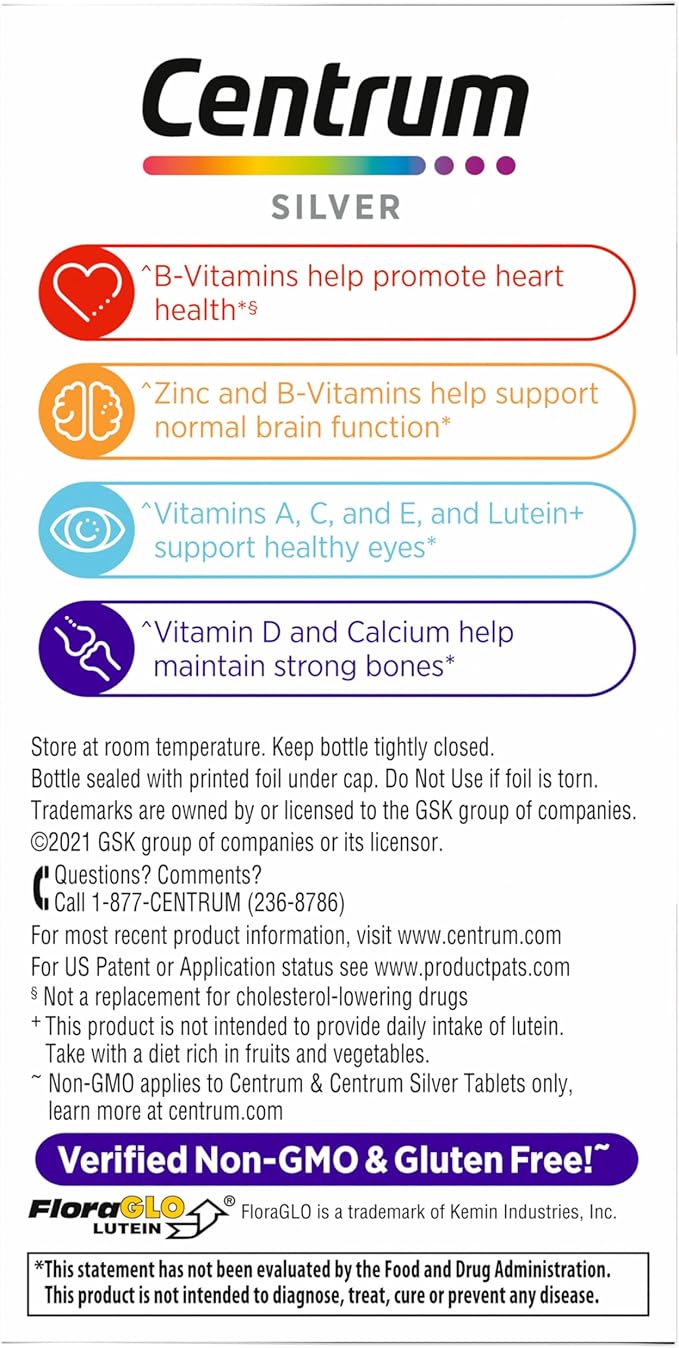 Centrum Silver Women's Multivitamin for Women 50 Plus, Multivitamin/Multimineral Supplement with Vitamin D3, B Vitamins, Non-GMO Ingredients, Supports memory and cognition in older adults - 65 Ct