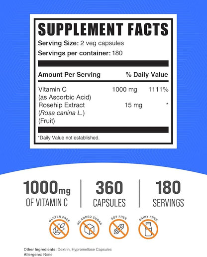 BulkSupplements.com Vitamin C with Rose HIPS Capsules - Vitamin C 1000mg & Rose HIPS 15mg, for Immune Support - Vegan, 2 Capsules per Serving, 360 Count (Pack of 1)