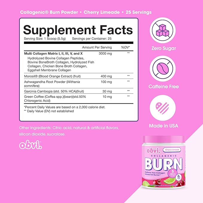Obvi Collagenic Burn Powder | Collagen Peptide Blend with GBB, Ashwagandha & Green Coffee | Boosts Metabolism, Energy, and Wellness | Supports Skin, Hair, Nails, Joints | Cherry Limeade 25 Servings