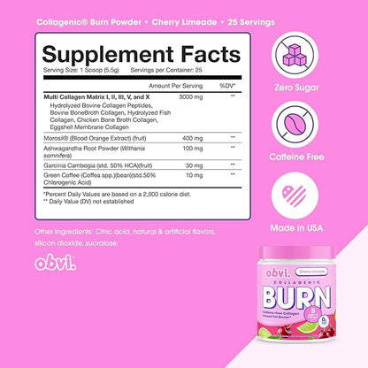 Obvi Collagenic Burn Powder | Collagen Peptide Blend with GBB, Ashwagandha & Green Coffee | Boosts Metabolism, Energy, and Wellness | Supports Skin, Hair, Nails, Joints | Cherry Limeade 25 Servings