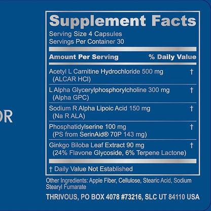 Thrivous Alpha - Enhance Brain & Nerve Function for Better Aging - Advanced Natural Nootropic Supplement: Alpha GPC, ALCAR, R Alpha Lipoic Acid, Ginkgo, SerinAid Phosphatidylserine - 120 Capsules
