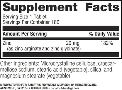 Bariatric Advantage Non Chewable Zinc Chelate, Highly Absorbable 20 mg Zinc Arginine and Zinc Glycine Tablets for Bariatric Surgery Patients - 180 Tablets