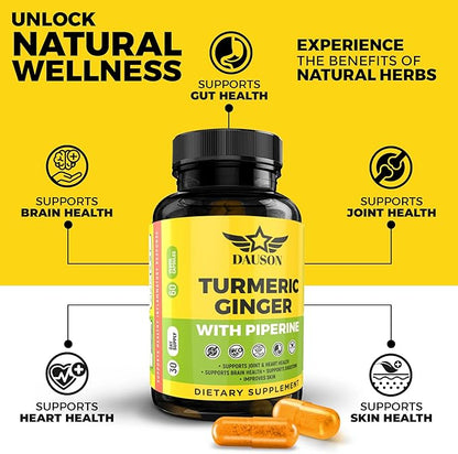 Turmeric Ginger Piperine Supplement – High Bioavailability Curcumin for Joint, Gut, Heart, Brain & Skin Health Support | Immune Booster | 60 Capsules