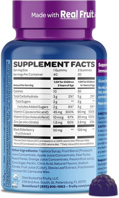 Smurfs Kids Immune Support Gummies | Black Elderberry Vitamin C and Zinc Kids Immunity Gummies | Made with Real Fruit | Doctor Developed | Non-GMO & No Artificial Flavors or Colors | 40 Gummies
