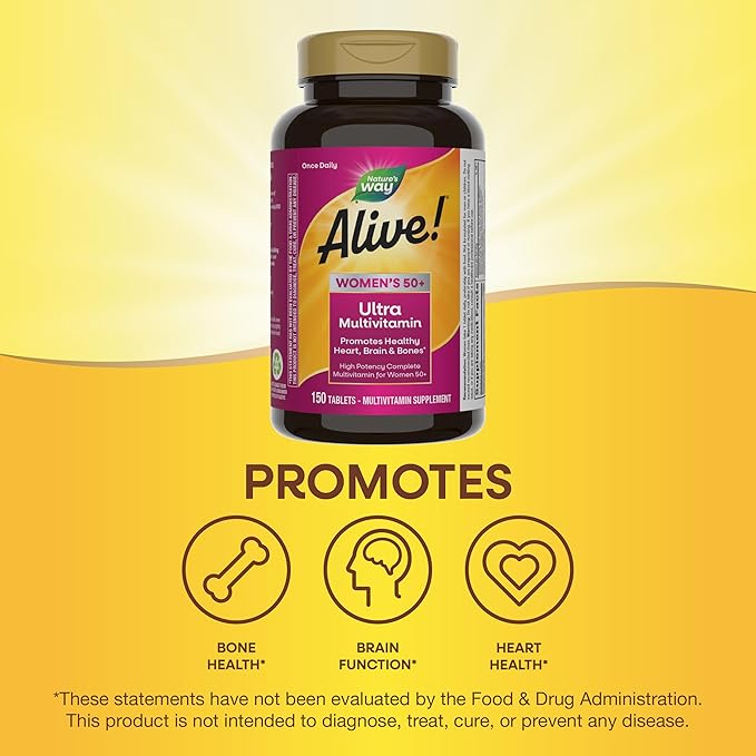 Nature’s Way Alive! Women’s 50+ Ultra Potency Complete Multivitamin, High Potency Formula, Promotes Healthy Heart, Brain, Bones*, with Methylated B12, Gluten-Free, 150 Tablets