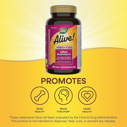 Nature’s Way Alive! Women’s 50+ Ultra Potency Complete Multivitamin, High Potency Formula, Promotes Healthy Heart, Brain, Bones*, with Methylated B12, Gluten-Free, 150 Tablets