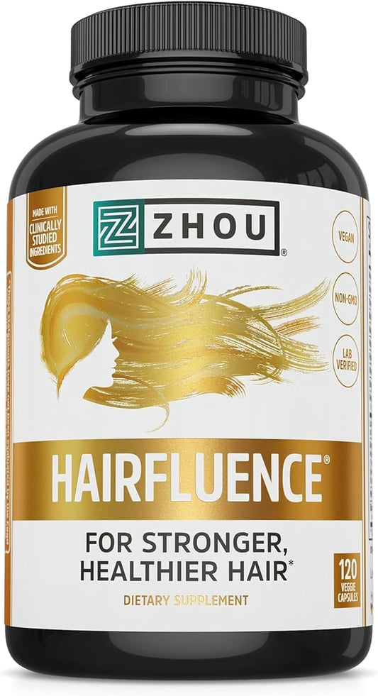 Zhou Hairfluence - Vegan Biotin Supplement for Hair Growth for Men & Women, Supports Stronger, Healthier Hair, Nails, & Glowing Skin with B Vitamin Complex -120 Veggie Capsules (Pack of 1)