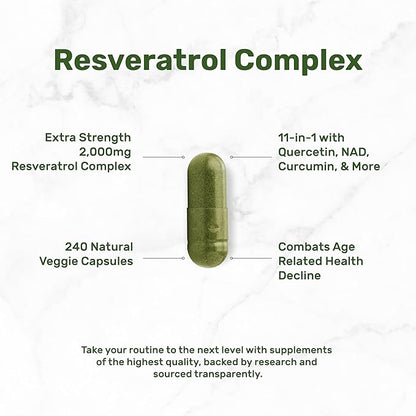 Resveratrol Complex 2,000mg, 240 Veggie Capsules – Extra Strength Trans-Resveratrol with NAD, Quercetin, Curcumin, Grape Seed & More – Healthy Aging Antioxidant for Energy & Brain Support