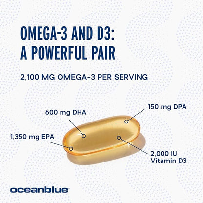 Oceanblue Professional Omega-3 2100 with Vitamin D3 – 120 ct – Triple Strength Burpless Fish Oil Supplement with High-Potency EPA, DHA, DPA and Vitamin D3 – Wild-Caught – Orange Flavor (60 Servings)