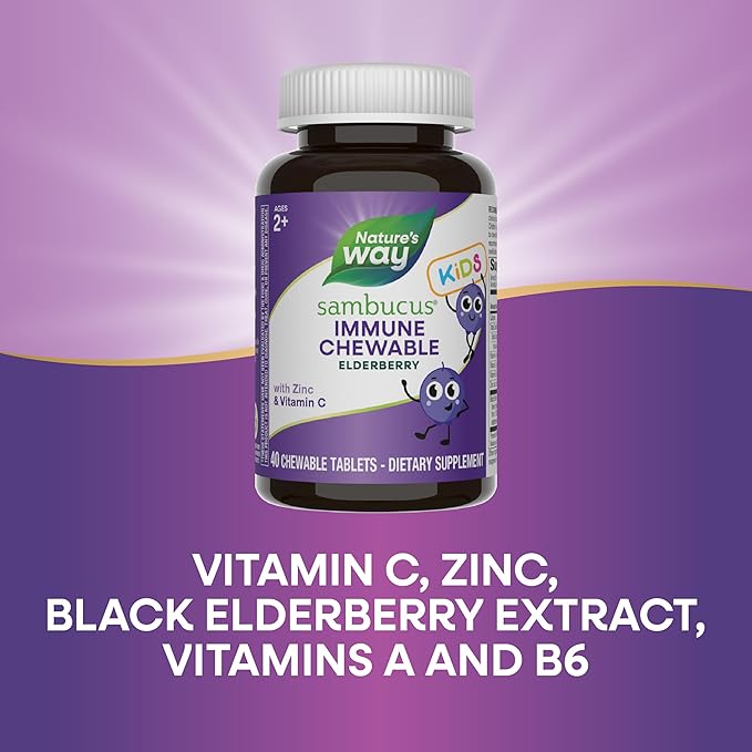 Nature's Way Sambucus Immune Chewable for Kids, Elderberry, Ages 2+, Immune Support*, Vitamins C & A, Zinc, Gluten Free, 40 Chewable Tablets (Packaging May Vary)