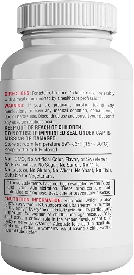 365 Health Folic Acid 800mcg (0.8mg) Vitamin B9-365 Tablets I Supports Cardiovascular, Essential Prenatal & Postnatal Vitamin, Non-GMO and Vegan