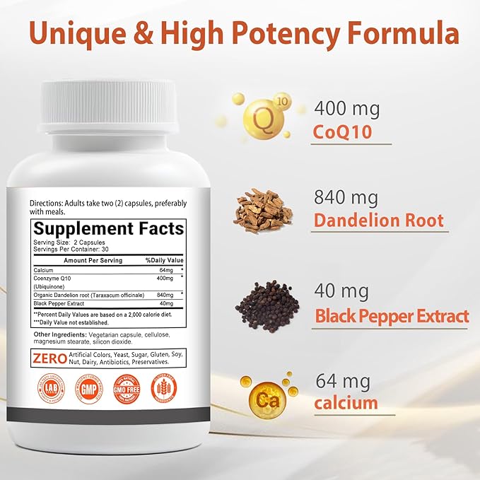 CoQ10 400mg 3 Times Absorption Coenzyme Q10 Powerful-Antioxidant Supplement with Organic Dandelion Root & Black Pepper, Support Heart Health & Energy Production, 60 Veggie Capsules