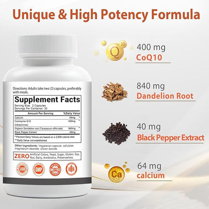 CoQ10 400mg 3 Times Absorption Coenzyme Q10 Powerful-Antioxidant Supplement with Organic Dandelion Root & Black Pepper, Support Heart Health & Energy Production, 60 Veggie Capsules