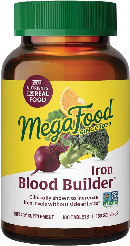 MegaFood Blood Builder Iron Supplement Clinically Shown to Increase Iron Levels Without Side Effects, Vegan Supplement For Women with Vitamin C, Vitamin B12 & Folic Acid, 180 Tablets