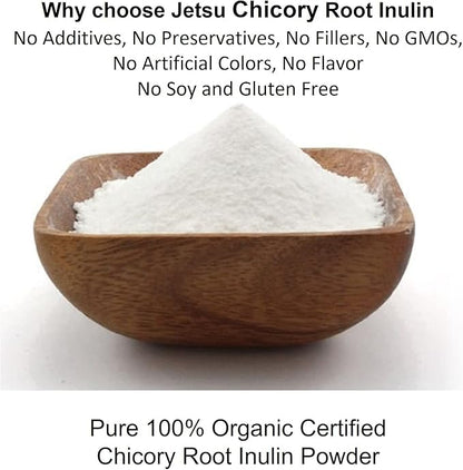 Jetsu Inulin Powder Organic Chicory Root (FOS) - Soluble Inulin Fiber Prebiotic Intestinal Support, Enhances Calcium Absorption, Stimulates Friendly Bacteria, Promotes Prebiotic Growth, 8oz