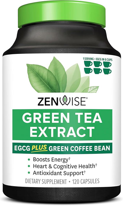 Zenwise Health Green Tea Extract with Green Coffee Bean Extract - Vegan Skin & Heart Support + Brain Health & Memory Boost - 120 Count