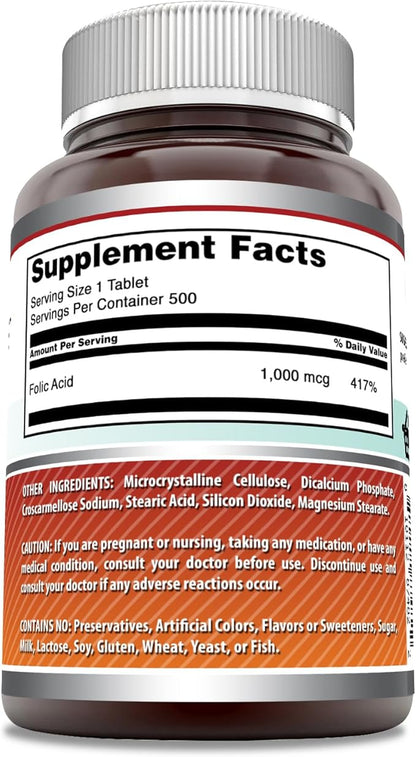 Amazing Formulas Folic Acid 1000 Mcg (1 Mg) Tablets Supplement | Vitamin B9 | Non-GMO | Gluten Free | Made in USA (500 Count)