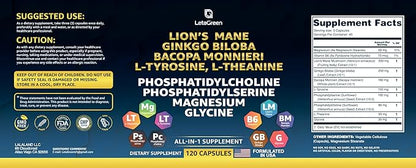 Organic Lions Mane Supplement Capsules - 120 Real Mushrooms Lion's Mane Capsules with Ginkgo Biloba Herb, Bacopa Monnieri - Nootropics Brain Support - Lion Mane Mushroom Supplement