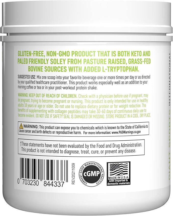 Giant Sports Collagen Peptide Powder - Hydrolyzed Complete All Essential Amino Acids with L-Tryptophan, Great for Skin, Hair, Nails, Bones, Joints - Grass Fed Pasture Raised Type 1 Type 3-1 LB