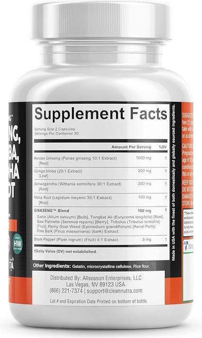 Clean Nutraceuticals Panax Ginseng 10000mg Ginkgo Biloba 4000mg Ashwagandha Maca Root 3000mg - Focus Supplement Pills for Women and Men with Pine Bark Extract, Garlic, and Saw Palmetto - 2Pack