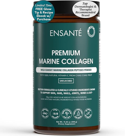 ENSANTE Premium Marine Collagen Peptides Powder Unflavored, Clinically Backed Type I II III IV Collagen, Wild Deep Sea Collagen with Organic Camu Camu Vitamin C for Hair Skin Nail Joint, Lab Tested