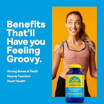 NATURE'S LIFE Cal Mag Zinc Complex 1000mg / 500mg / 15mg - Calcium Magnesium Zinc Supplement w/Vitamin D and Boron - Bone Health, Muscle and Heart Health Support, 60 Day Guarantee, 62 Serv, 250 Caps
