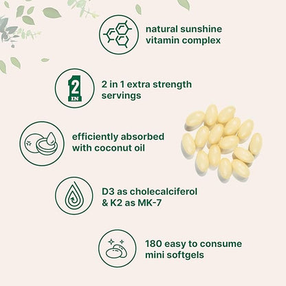 Vitamin D3 10000 iu Plus K2 (MK-7) 200 mcg, 180 Virgin Coconut Oil Softgels | 2 in 1 Vitamins D & K Complex | Supports Calcium Absorption, Bone, Immune, & Heart Health – Easy to Swallow