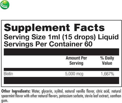 Nutra BioGenesis Biotin 5000 - Liquid Biotin Drops for Hair Skin and Nails, Pure Supplement for Women and Men, 5000mcg Per Serving - 2 Fl Oz (59 mL) Glass Bottle