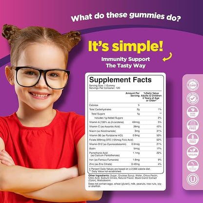 Iron Gummies with Vitamin C for Kids - Blood Builder Iron Supplements for Kids with Gentle for Stronger Immunity & Energy Support - Vitamin B6, B12, A, Niacin & Folate Gummies - Vegan & GMO -120 Count