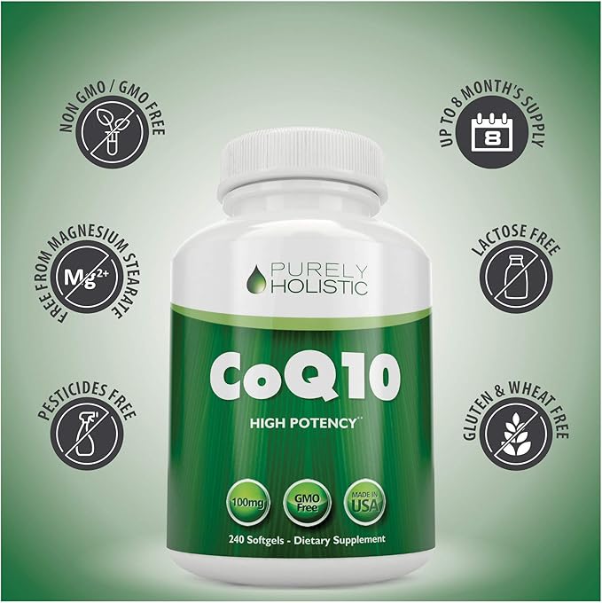 Purely Holistic CoQ10 100mg - 240 SoftGels - 8 Month Supply - Ubiquinone Coenzyme Q10 Supplement - with Organic Olive Oil - Soy Free Co Q 10 - Made in The USA