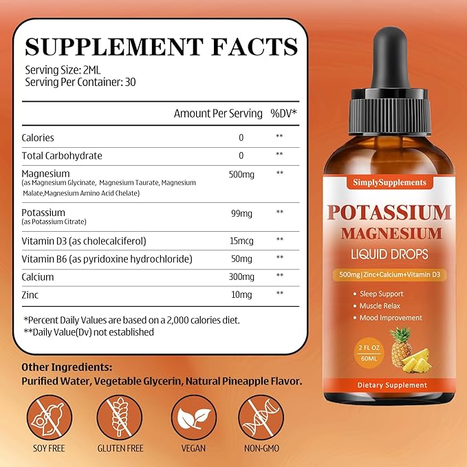 Potassium Magnesium Supplement - Potassium 99mg & 500mg Magnesium Glycinate Complex Liquid Drops with Calcium, Zinc, Vitamin B6, D3 - Energy & Bone & Muscle Support - 2 Fl oz
