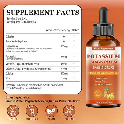Potassium Magnesium Supplement - Potassium 99mg & 500mg Magnesium Glycinate Complex Liquid Drops with Calcium, Zinc, Vitamin B6, D3 - Energy & Bone & Muscle Support - 2 Fl oz