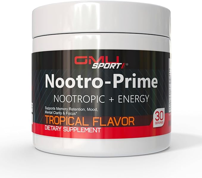 GMU SPORT Nootro-Prime Brain Boost - Focus Brain Supplement - Mushroom Supplement Powder with Alpha GPC, Nootropic Brain Supplements for Memory and Focus with Lions Mane, 30 Servings, Tropical Flavor