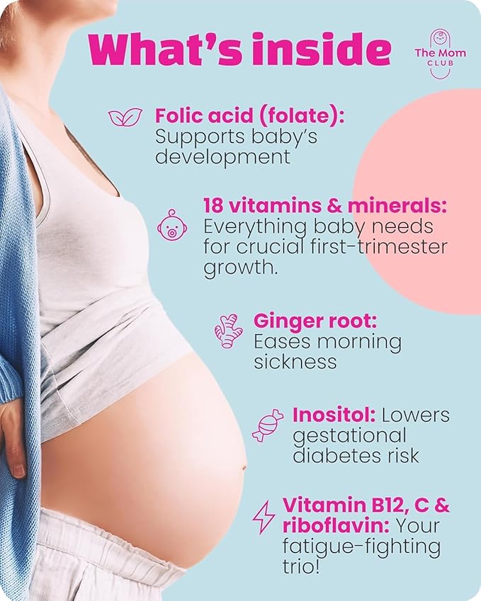 Pregnancy Vitamins for Women – 1st Trimester Prenatal Supplement with Folic Acid, Iron, B6 & Ginger – Morning Sickness Relief & Baby Development – 30 Vegan Capsules