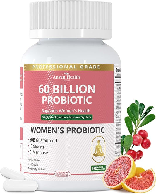 Probiotics for Women Digestive Health - 60 Billion Vaginal Probiotic Organic Prebiotics with Cranberry & D-Mannose for Gut, Urinary, Immune Health, Vegan & Non-GMO | 90 Capsules