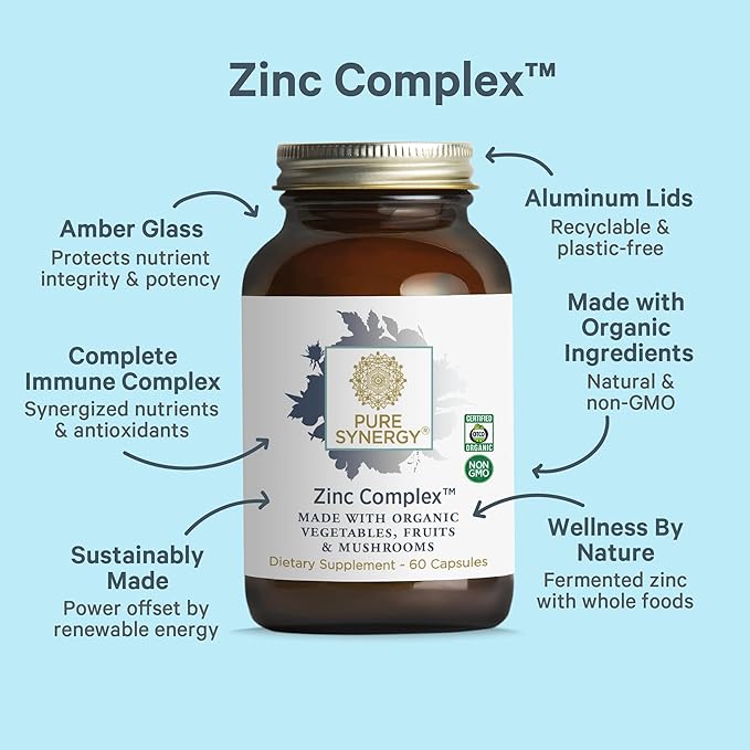 PURE SYNERGY Zinc Complex | Immune Support Supplement | Natural, Vegan Zinc Complex with Vitamin C and Organic Whole Foods | for Immune, Brain, and Skin Health (60 Capsules)