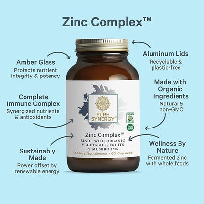 PURE SYNERGY Zinc Complex | Immune Support Supplement | Natural, Vegan Zinc Complex with Vitamin C and Organic Whole Foods | for Immune, Brain, and Skin Health (60 Capsules)