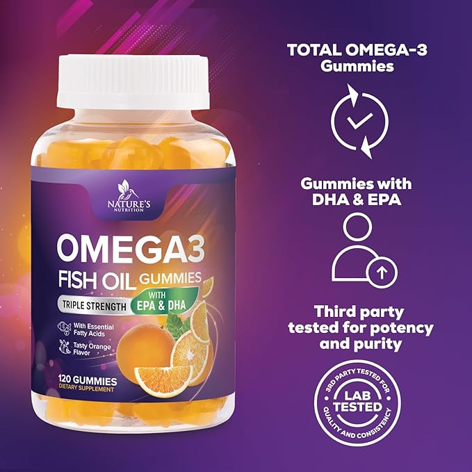 Omega-3 Gummies, Fish Oil Gummies for Adults & Kids, Omega-3 Gummy Vitamins, EPA & DHA Fish Oil Fatty Acids Gummy Supplement, Nature's Supplements for Joint, Heart Health, & Brain Support - 120 Count