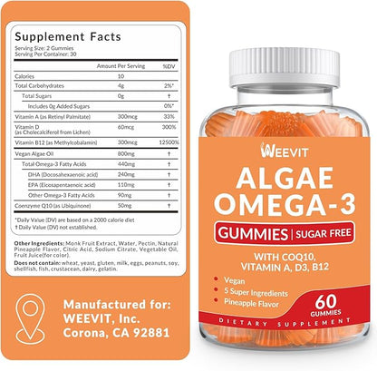 Vegan Omega 3 Gummies, Algae Omega-3 Supplement DHA 240mg, EPA 110mg w/Vitamin B12, CoQ10, Fish Oil Alternative for Adults - Brain, Bone, Eye & Immunity Support