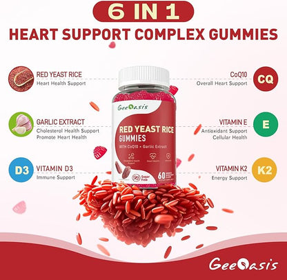 Red Yeast Rice with CoQ10 Gummies Sugar Free, Red Yeast Rice Supplement with Odorless Garlic Extract, Vitamin E, Vitamin D3 & K2, Cholesterol Support & Heart Health, Natural Mixed Berry Flavor, 60 Ct