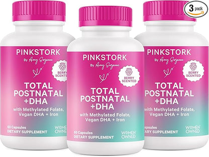 Pink Stork Total Postnatal Vitamins for Women with Vegan DHA, Iron, Folate, and Vitamin B12, Postpartum Recovery Essentials, Daily Supplement for Breastfeeding Moms - 3 Month Supply