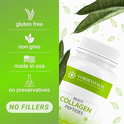 Multi Collagen Peptides Capsules -Non-GMO&Gluten Free Type I, II, III, V, X Hydrolyzed Collagen Supplements with Vitamin C - Supports Healthy Hair, Skin, Nails, & Joints - 120 CPS