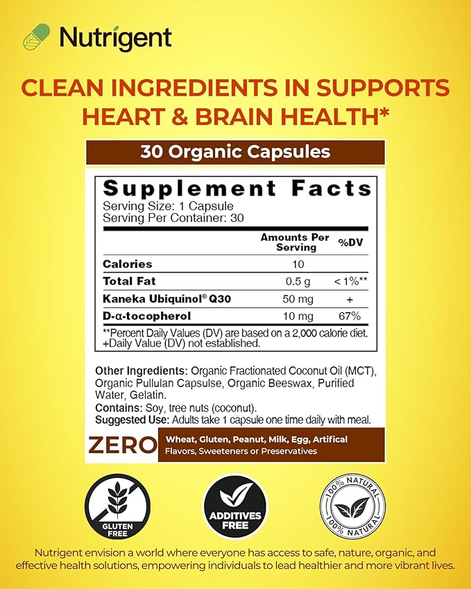 Ubiquinol CoQ10 50 mg, Liquid Filled Organic Capsules, High Absorption Coenzyme Q10 Supplements, Antioxidant for Heart Health & Energy Production, 30 Count