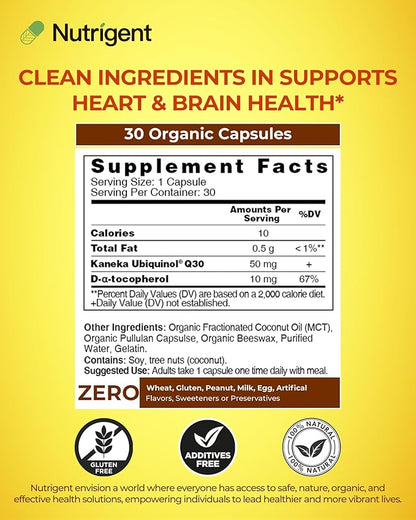 Ubiquinol CoQ10 50 mg, Liquid Filled Organic Capsules, High Absorption Coenzyme Q10 Supplements, Antioxidant for Heart Health & Energy Production, 30 Count